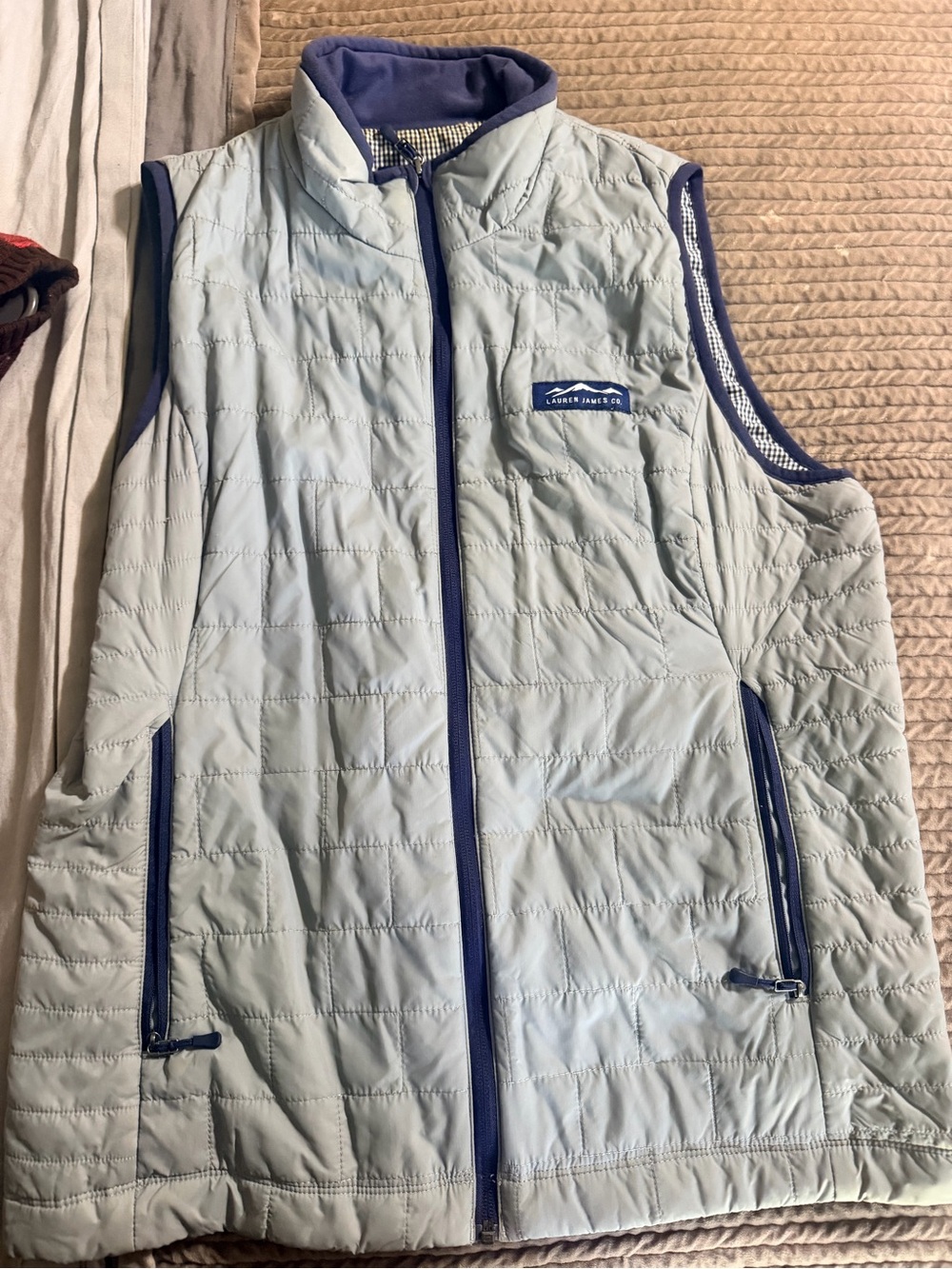 Light Blue Quilted Vest with Navy Trim